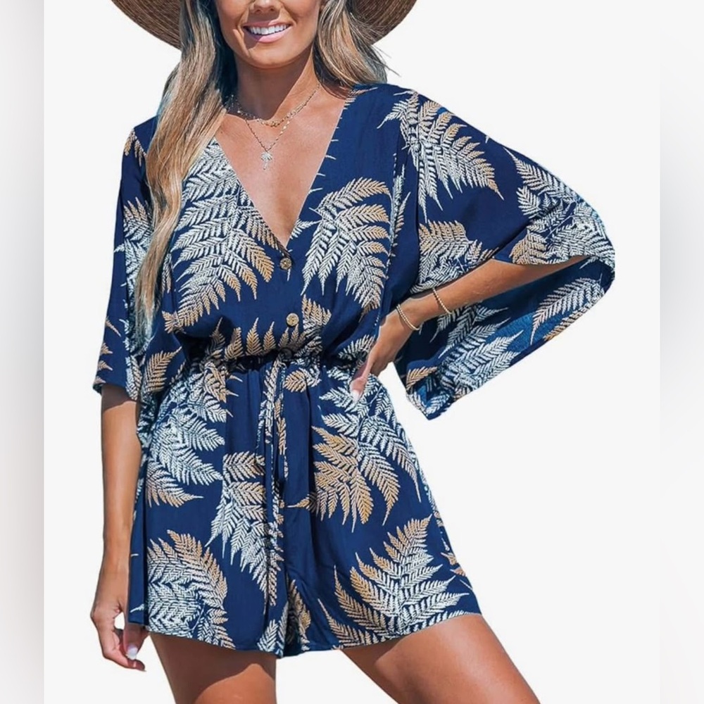 Cupshe Navy and Gold Leaf Print Swim Cover-Up